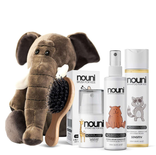 Bundle von nouni für Kinder und Babys - Kuscheltier und Haarpflege für Kinder Geschenkidee Geschenkset zum Geburtstag Elefant