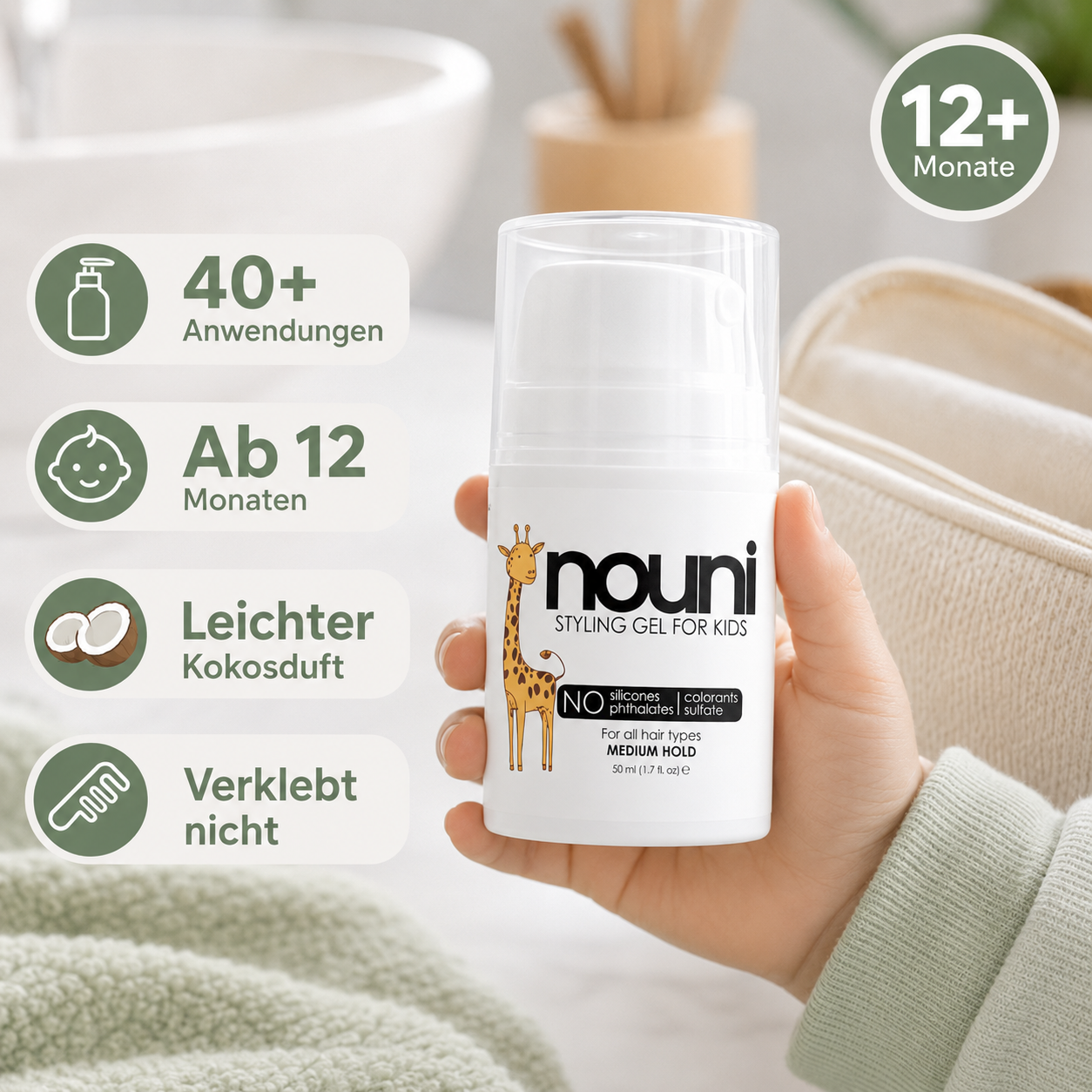 nouni Styling Gel für Kinder gegen Haare im Gesicht, leichter Halt ohne klebrige Rückstände