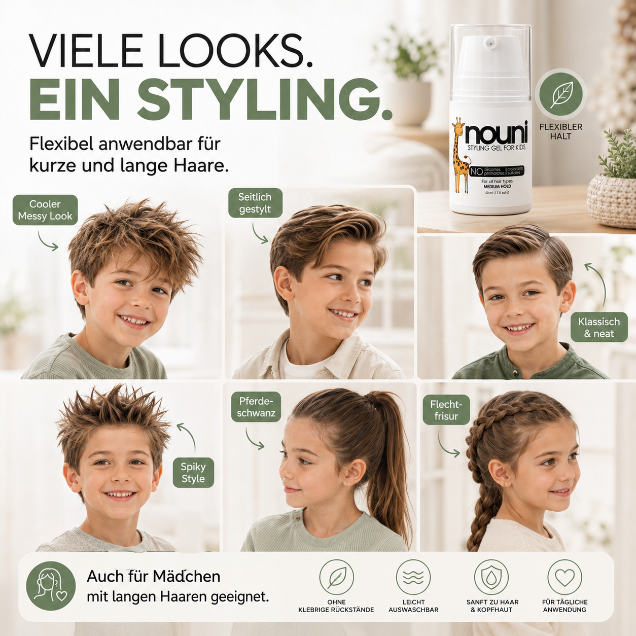 Sanftes nouni Haar Styling für Kinder ab 12 Monaten mit leichtem Kokosduft