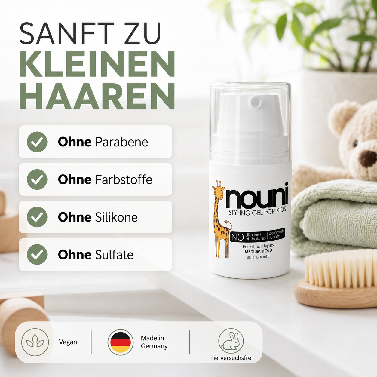 nouni Styling Gel für Mädchen und Jungen, flexibel anwendbar für natürliche Kinderfrisuren